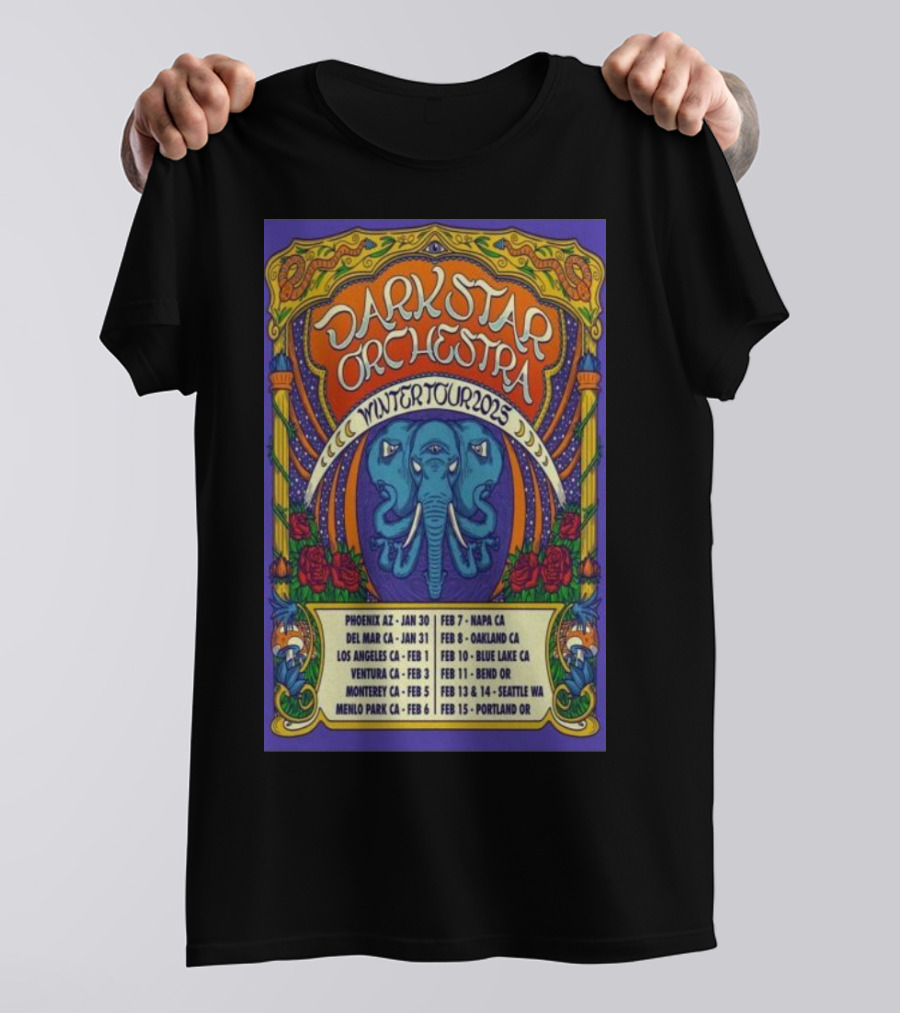 Dark Star Orchestra Winter Tour 2025 Psychedelic Elephant And Roses With Tour Dates In U.S. Cities T-Shirt