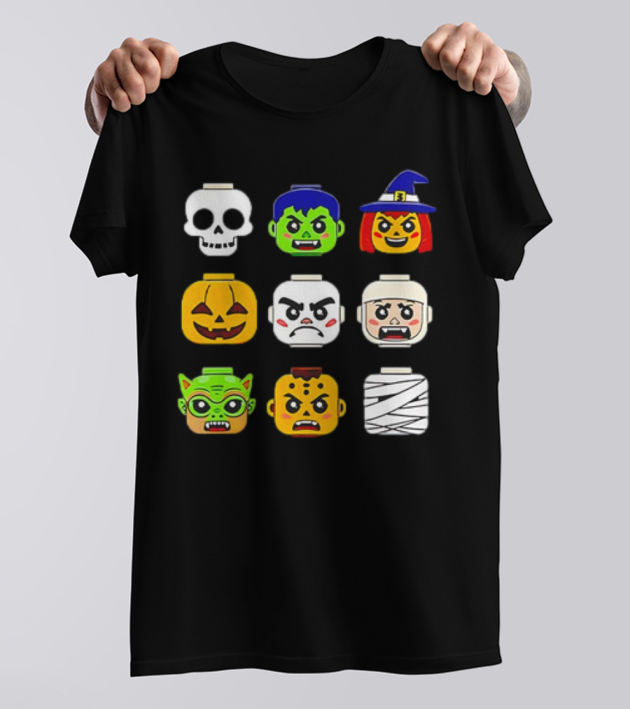 Halloween Building Brick Heads Pumpkin Ghost Zombie Witch Mummy Boys T-Shirt