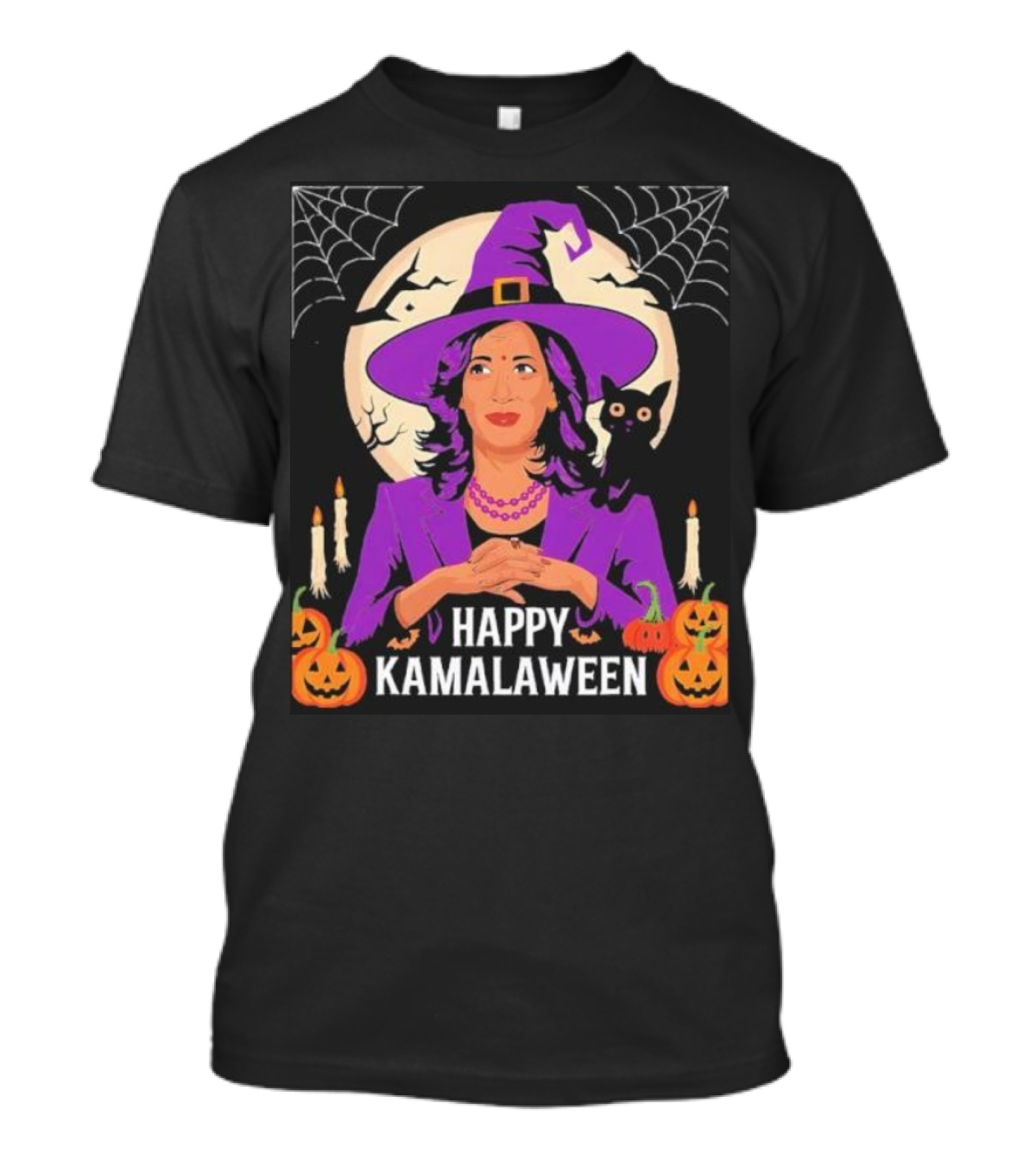 Happy Kamalaween Kamala Harris Witchy Cat Purple Hat Candles Pumpkins T-Shirt