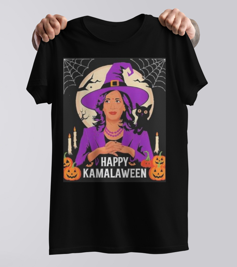 Happy Kamalaween Kamala Harris Witchy Cat Purple Hat Candles Pumpkins T-Shirt