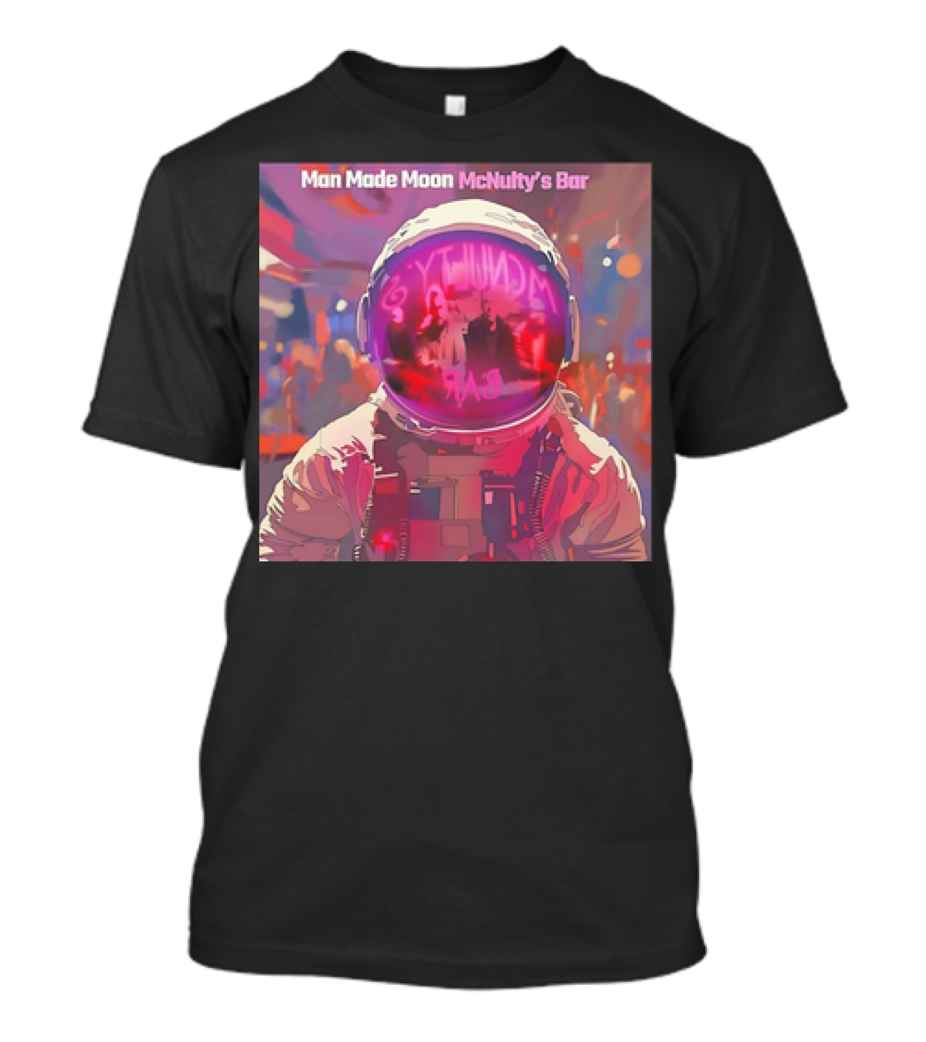 Man Made Moon Astronaut At McNulty's Bar Neon Reflection T-Shirt