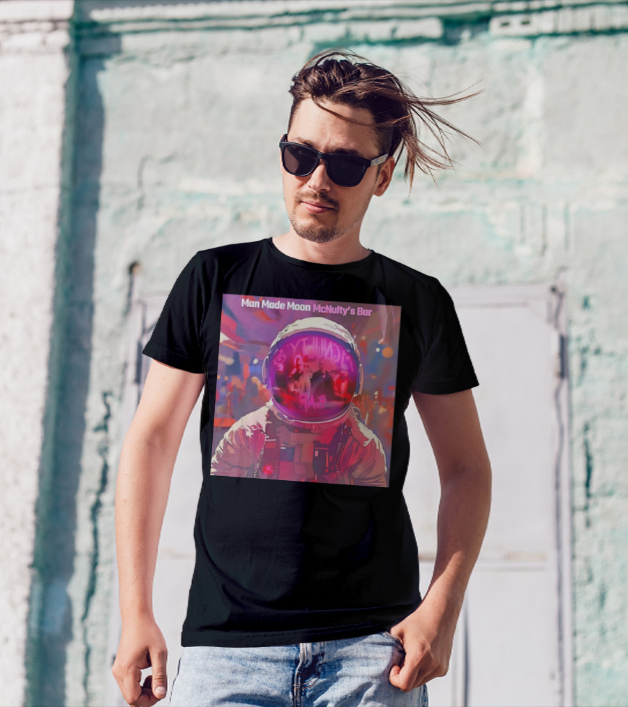 Man Made Moon Astronaut At McNulty's Bar Neon Reflection T-Shirt