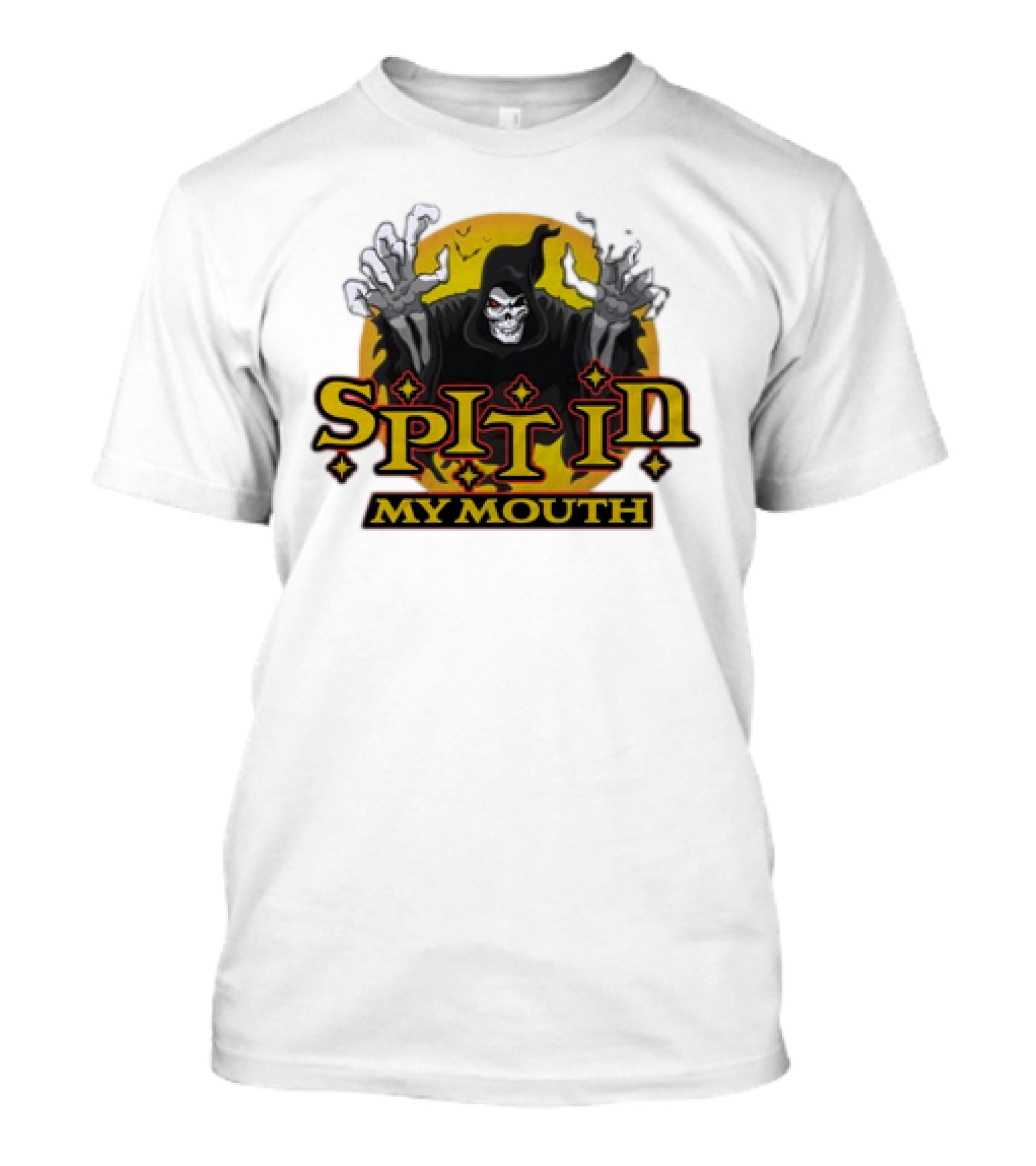 Spit In My Mouth Halloween Grim Reaper Skeleton Cloak Hands Raised T-Shirt