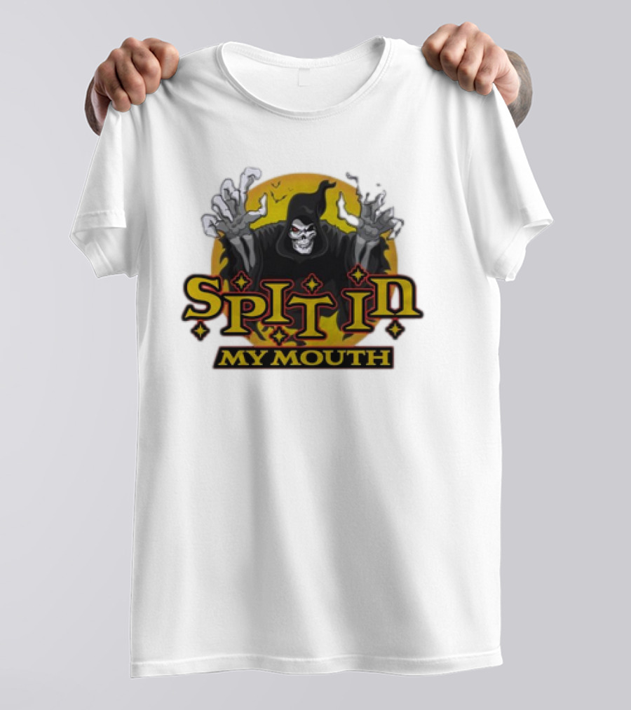 Spit In My Mouth Halloween Grim Reaper Skeleton Cloak Hands Raised T-Shirt