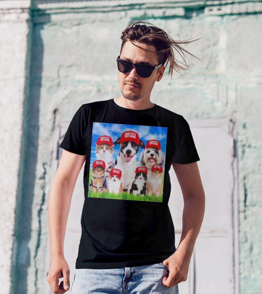 Six Cats And Dogs Wearing Red Make Pets Safe Again Hats On Green Grass T-Shirt