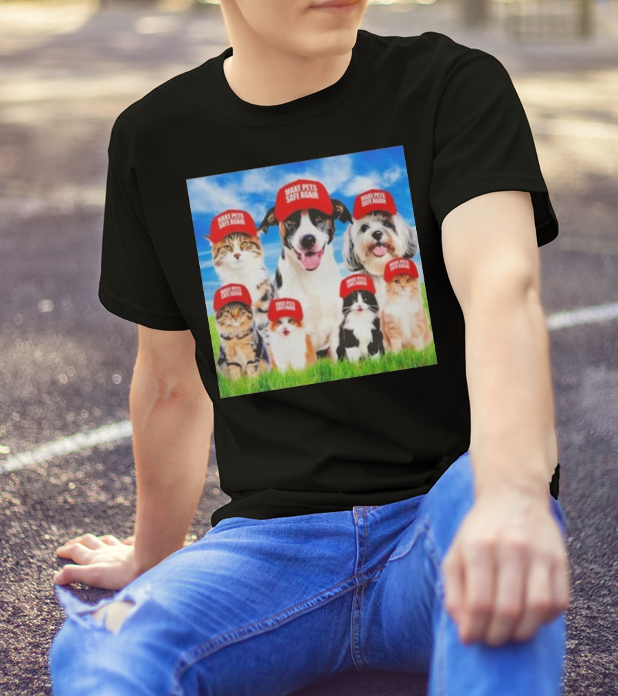 Six Cats And Dogs Wearing Red Make Pets Safe Again Hats On Green Grass T-Shirt