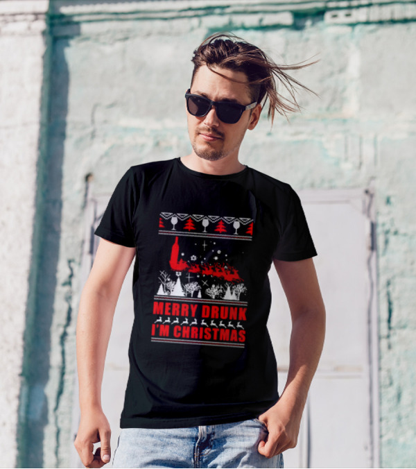 Merry Drunk I'm Christmas Santa Sleigh Red Bottle Trees Wine Glasses T-Shirt