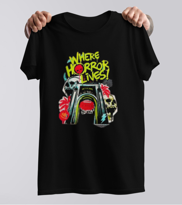 Where Horror Lives Halloween Horror Nights 2024 Skull Portal And Palm Trees T-Shirt