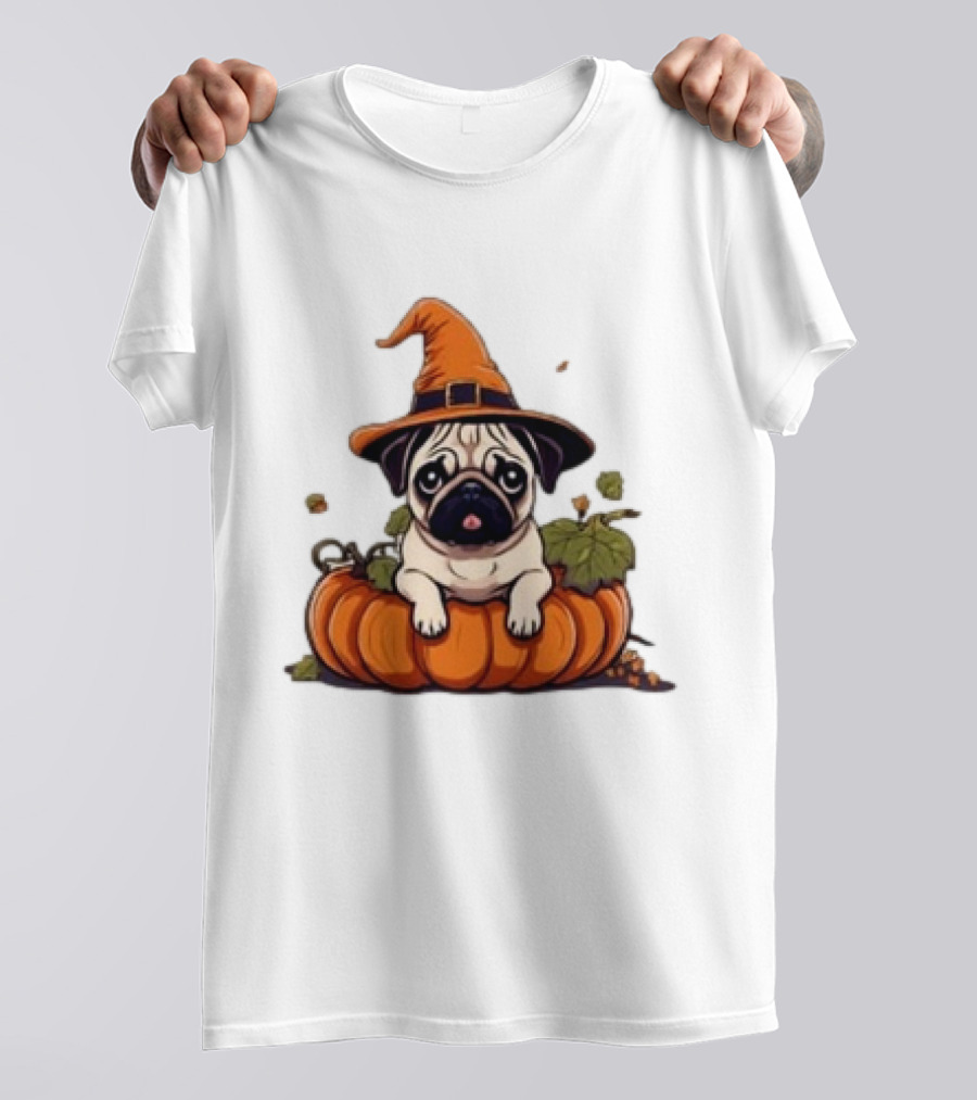 Halloween Pug In Orange Witch Hat With Pumpkin T-Shirt