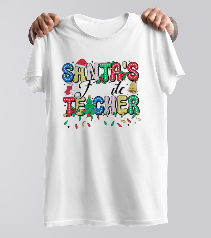 Santa's Favorite Teacher Christmas Light With Hat, Stocking, Bell, And Tree T-Shirt