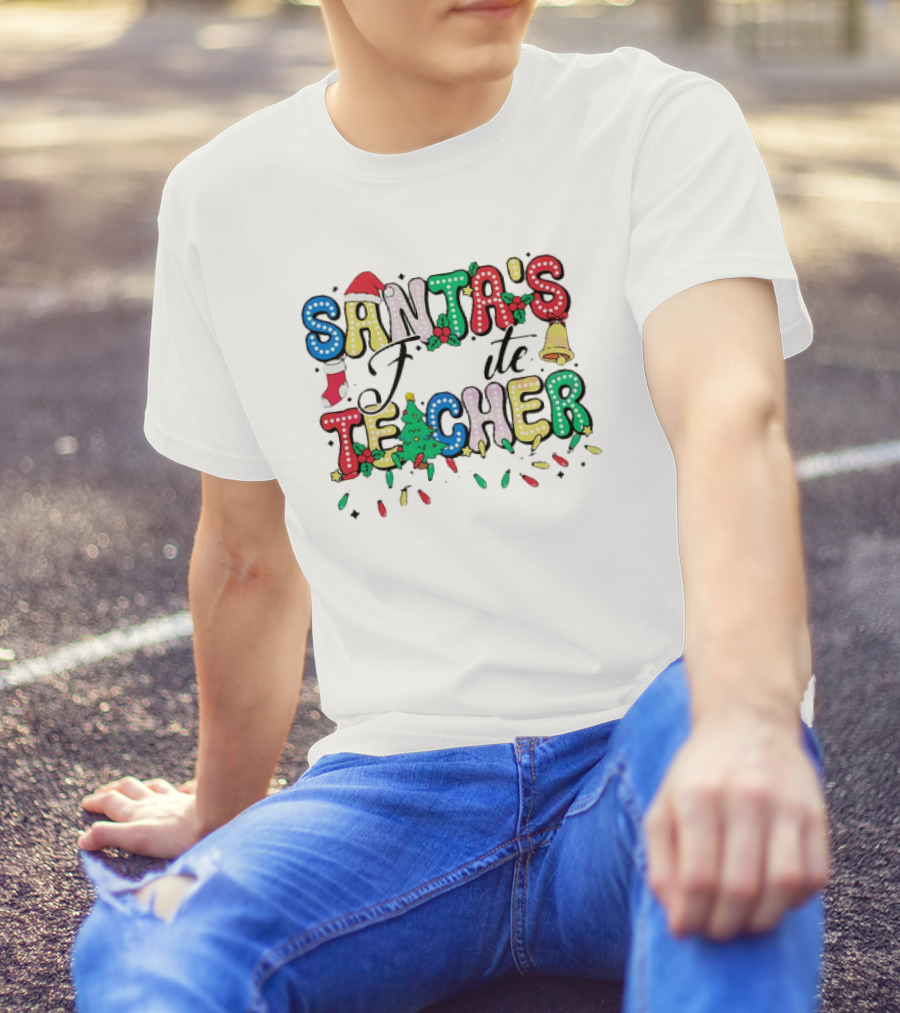 Santa's Favorite Teacher Christmas Light With Hat, Stocking, Bell, And Tree T-Shirt