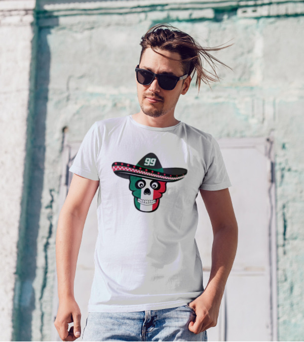 99 Skull Daniel Suarez Pancho Sombrero Mexican Flag T-Shirt