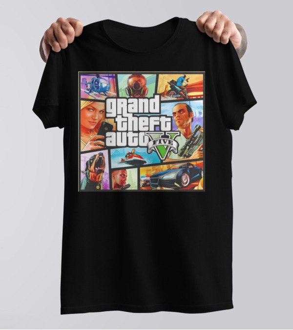 Grand Theft Auto V Five Helicopter Dog Racecar Characters Montage T-Shirt