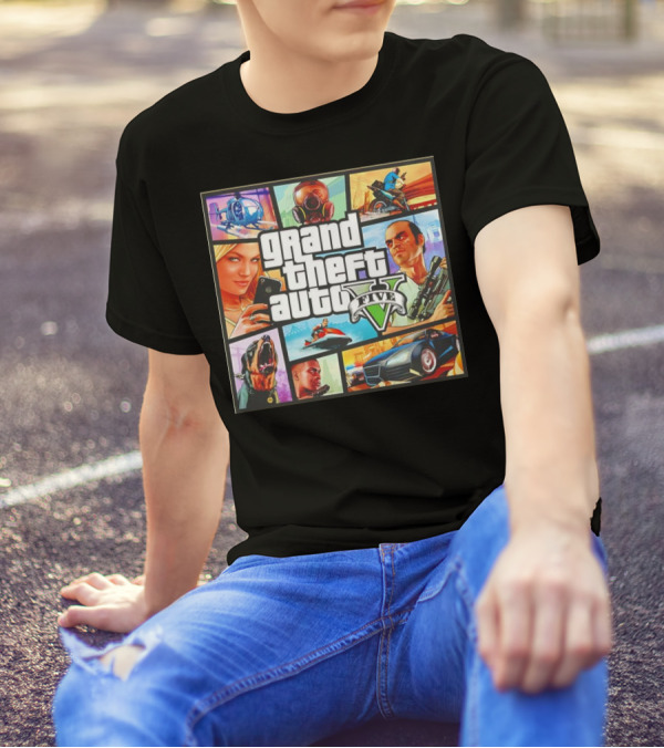 Grand Theft Auto V Five Helicopter Dog Racecar Characters Montage T-Shirt