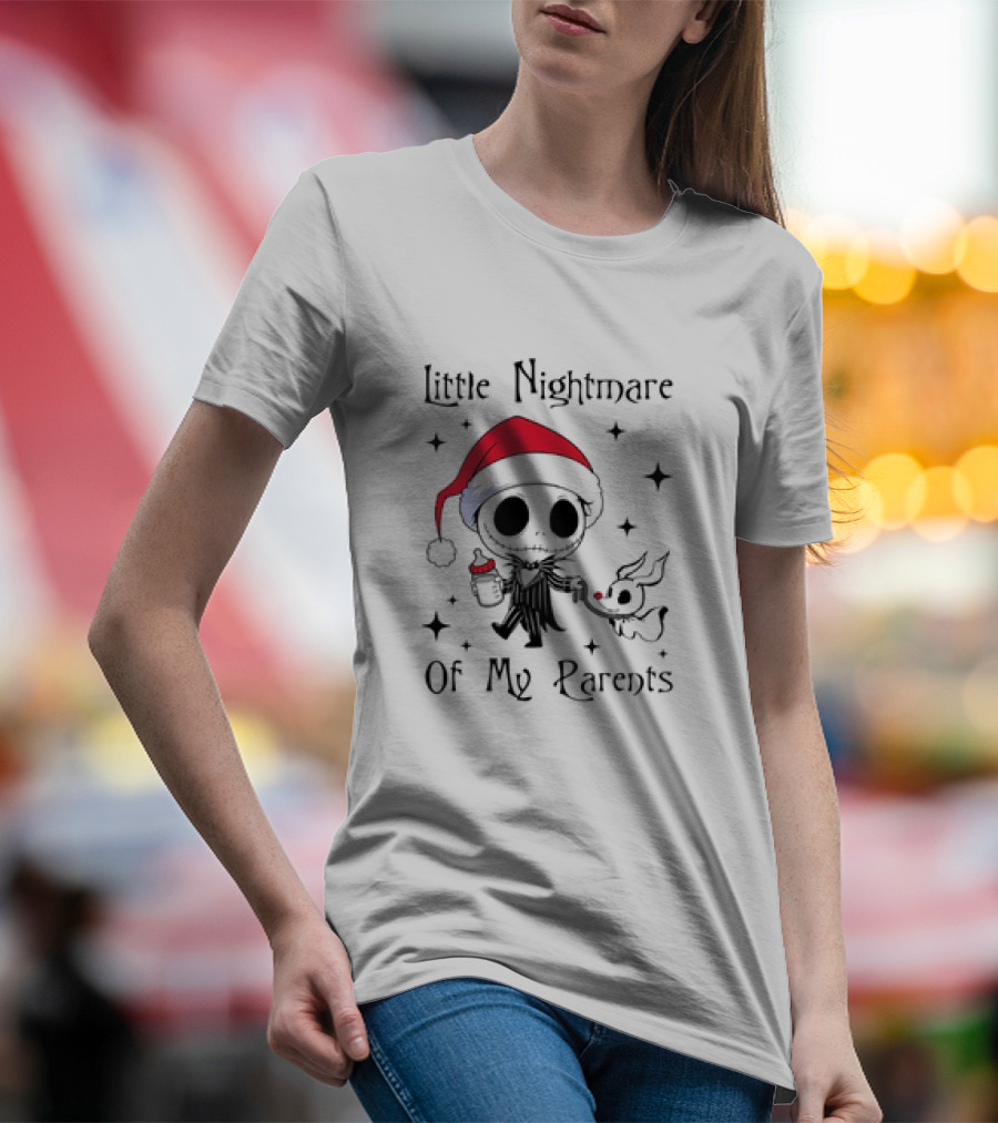 Little Nightmare Of My Parents Jack Skellington Santa Hat Holding Milk And Dog T-Shirt