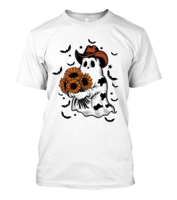 Cute Cowprint Ghost Funny Snarky Boojee Western Halloween Sunflowers Cowboy Hat Bats T-Shirt