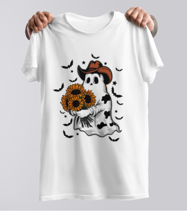 Cute Cowprint Ghost Funny Snarky Boojee Western Halloween Sunflowers Cowboy Hat Bats T-Shirt
