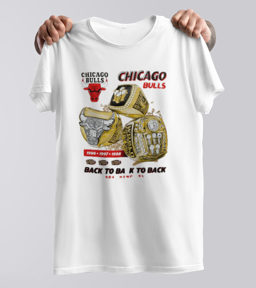 Mitchell And Ness Chicago Bulls 1996 1997 1998 Back To Back To Back NBA Champions Rings T-Shirt