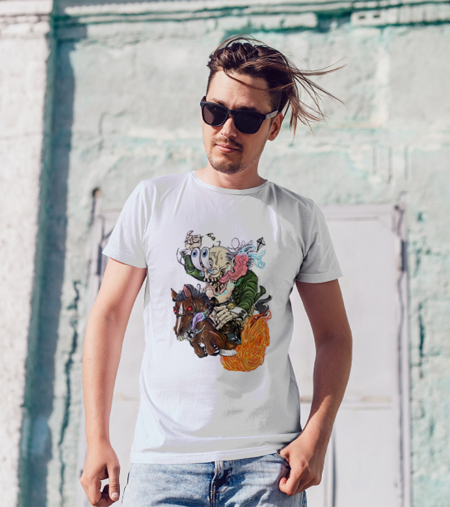 Ben FINKlin Surreal Dual-Eyed Figure On Flame-Engulfed Horse T-Shirt