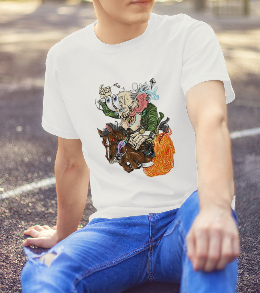 Ben FINKlin Surreal Dual-Eyed Figure On Flame-Engulfed Horse T-Shirt