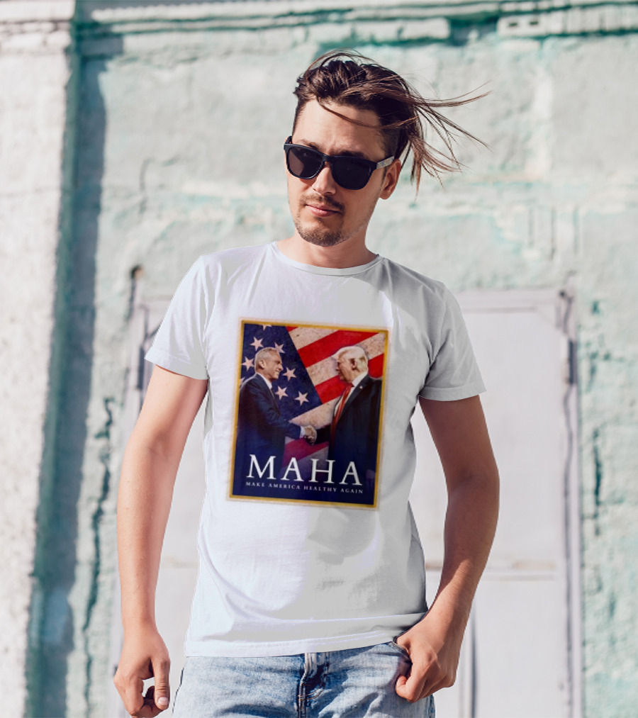 MAHA Make America Healthy Again Trump Kennedy American Flag Background T-Shirt