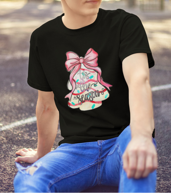 Tis The Season Christmas Tree Cakes Pink Bow T-Shirt