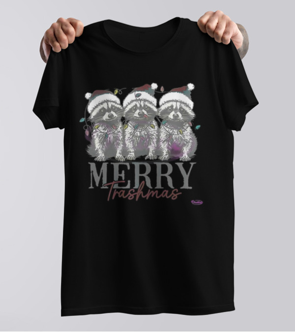 Merry Trashmas Christmas Raccoons Santa Hats Holiday Lights T-Shirt