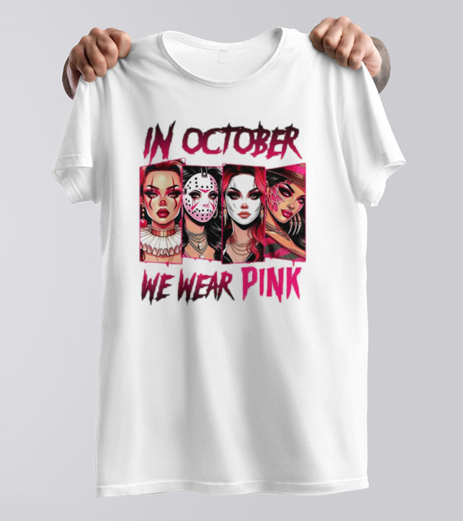 In October We Wear Pink Horror Girl Halloween Masked Characters T-Shirt