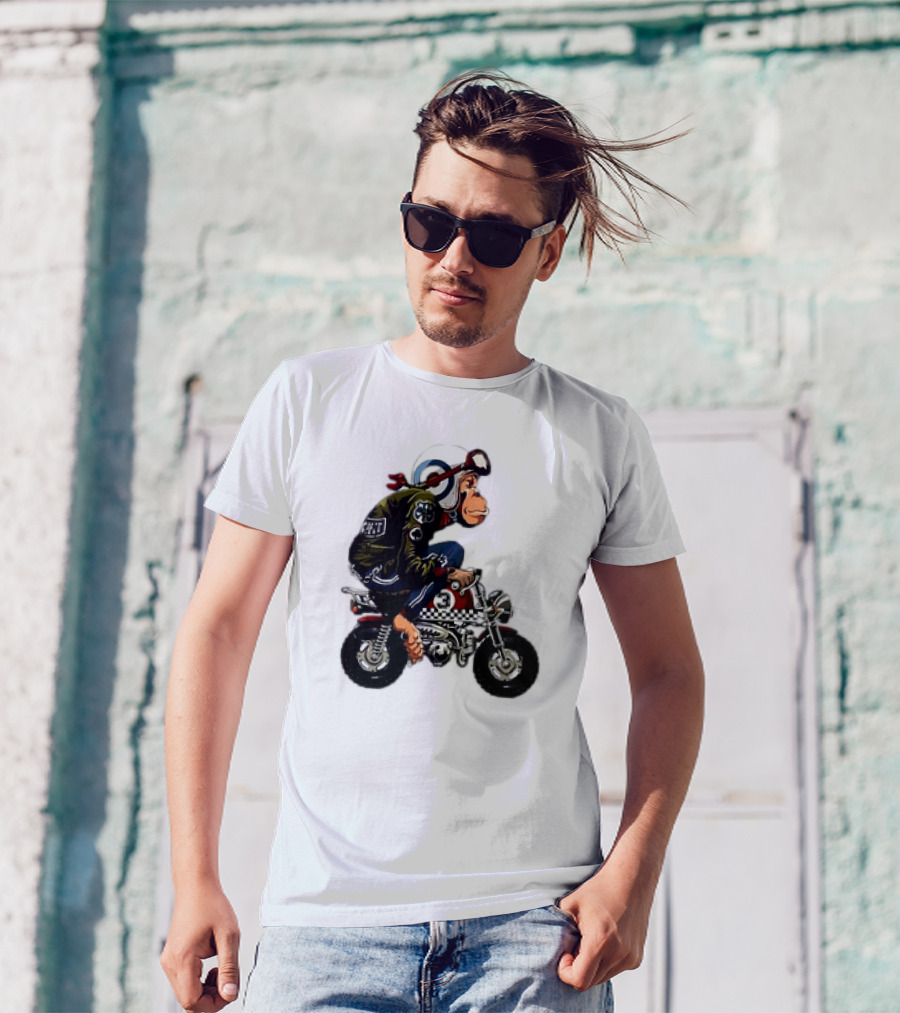 Monkey Riding Checkered Mini Bike Cartoon T-Shirt