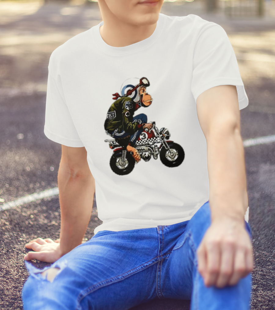 Monkey Riding Checkered Mini Bike Cartoon T-Shirt