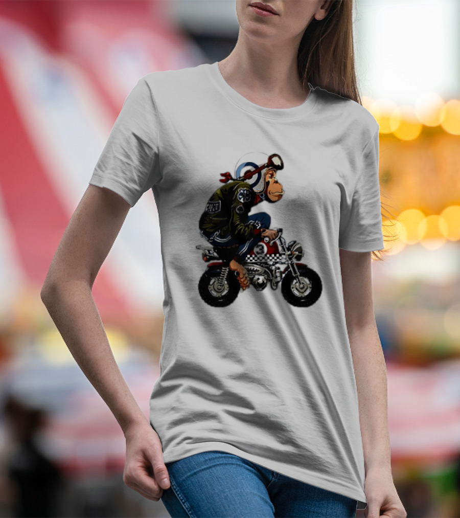 Monkey Riding Checkered Mini Bike Cartoon T-Shirt
