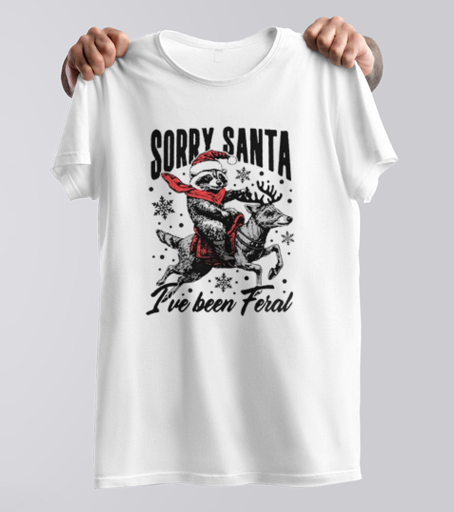 Sorry Santa I've Been Feral Retro Christmas Funny Raccoon Santa Hat T-Shirt