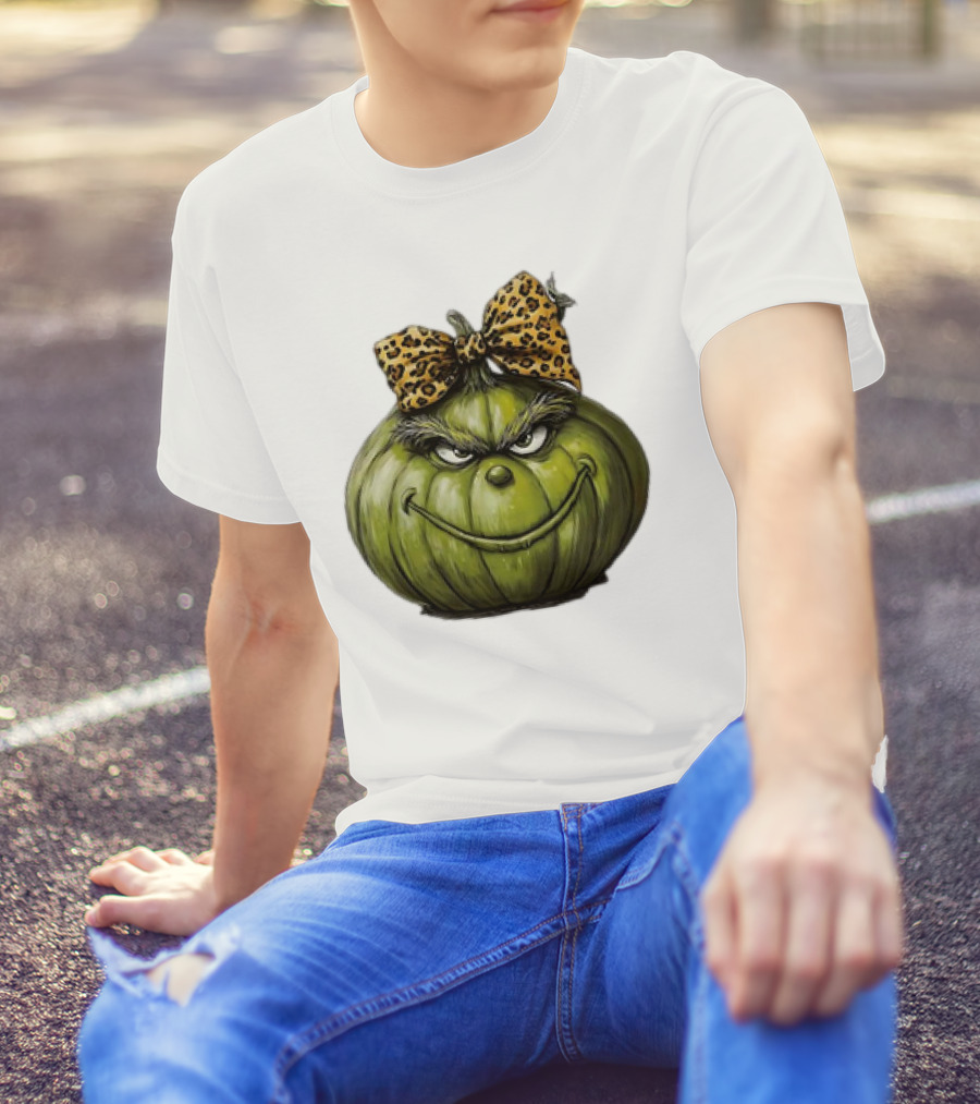 Retro Vintage Leopard Bow Grinch Pumpkin T-Shirt