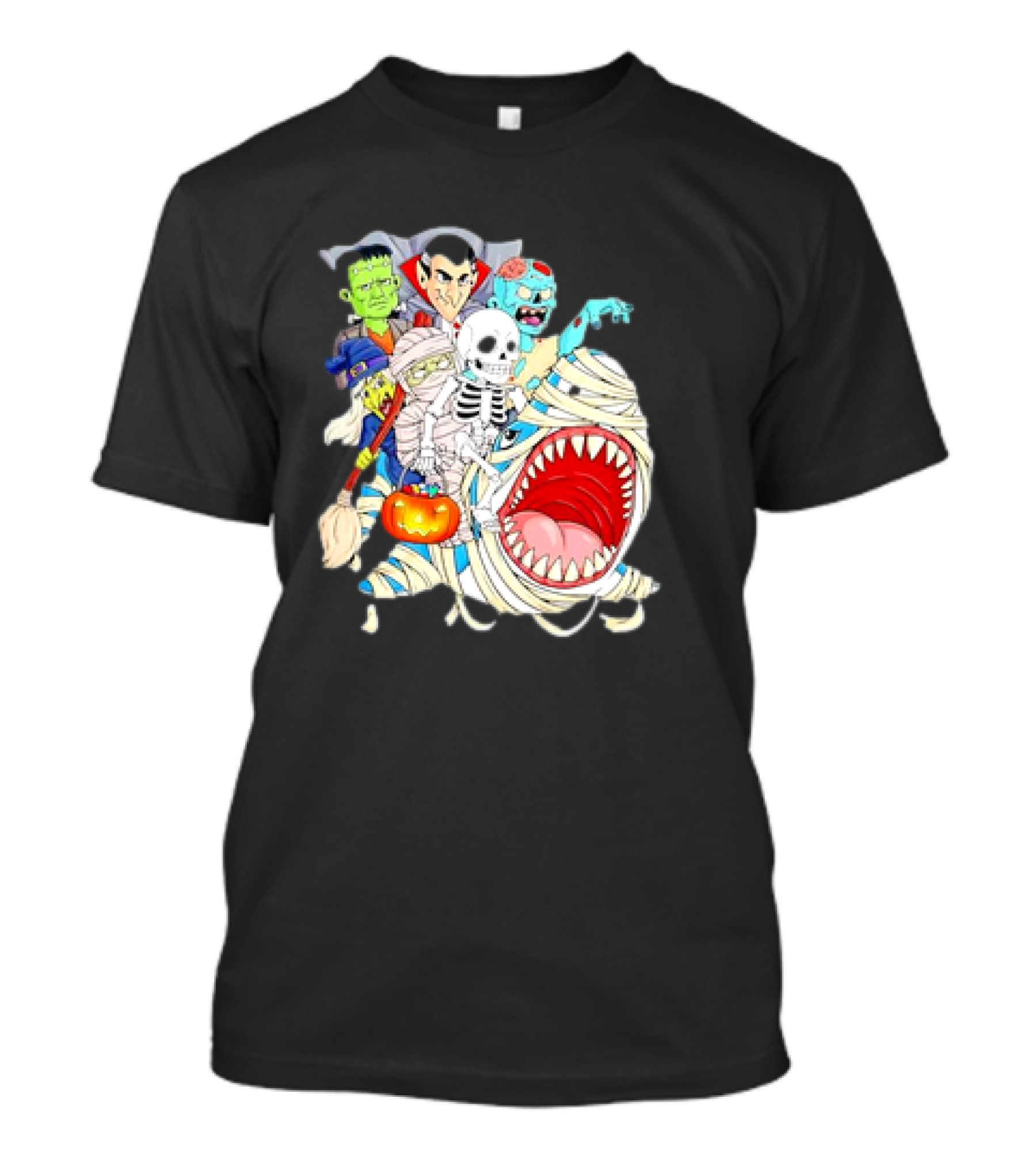 Skeleton Zombie Riding Mummy Shark Vampire Halloween Pumpkin Cartoon T-Shirt