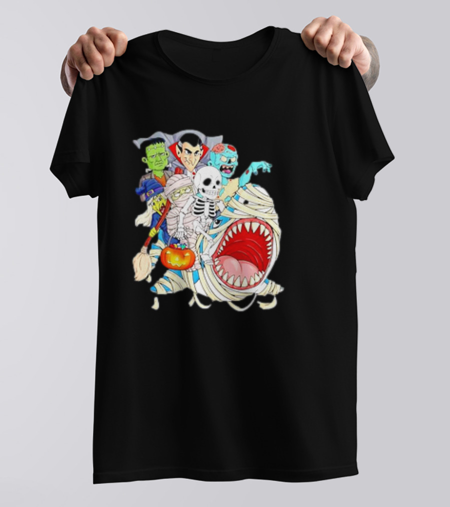 Skeleton Zombie Riding Mummy Shark Vampire Halloween Pumpkin Cartoon T-Shirt
