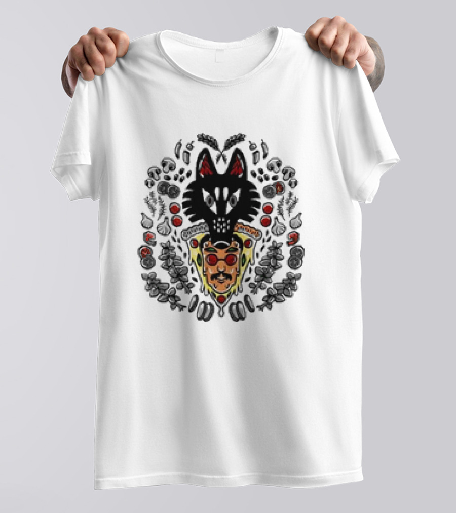 Pizzamas Wolf Pizza John Pizza Slice And Wolf Face Surrounded By Toppings T-Shirt