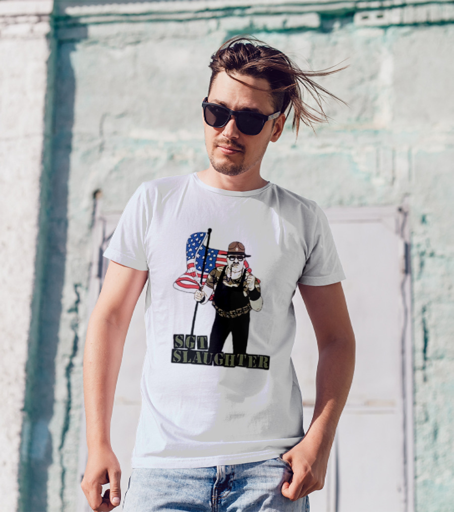 SGT Slaughter Holding American Flag Iconic Wrestling Figure T-Shirt
