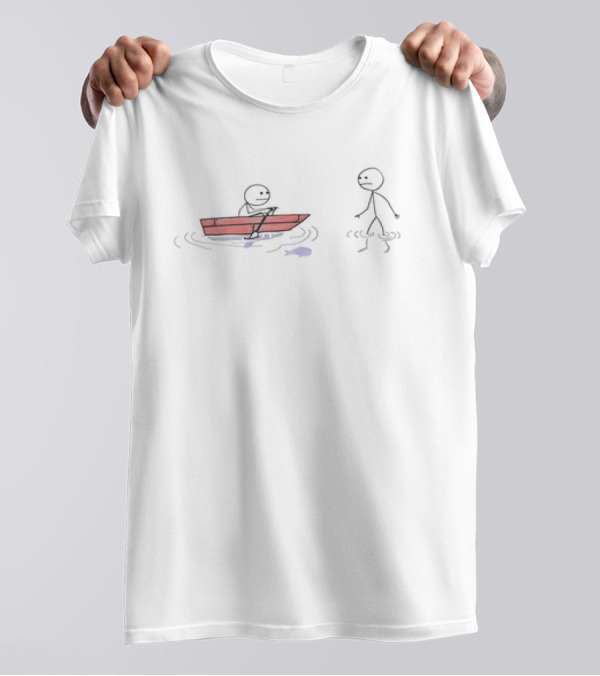 Stick Figure Rowing A Boat With Stick Figure Walking On Water Humor Concept T-Shirt
