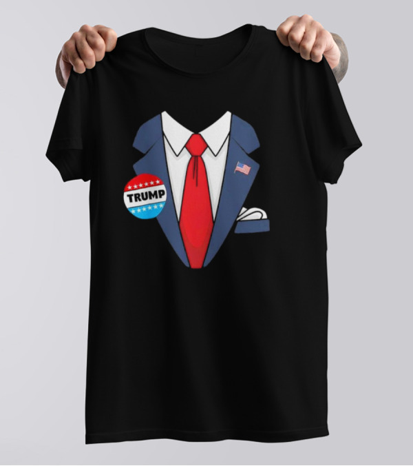 Trump Suit Red Tie Badge USA Flag Halloween Costume T-Shirt