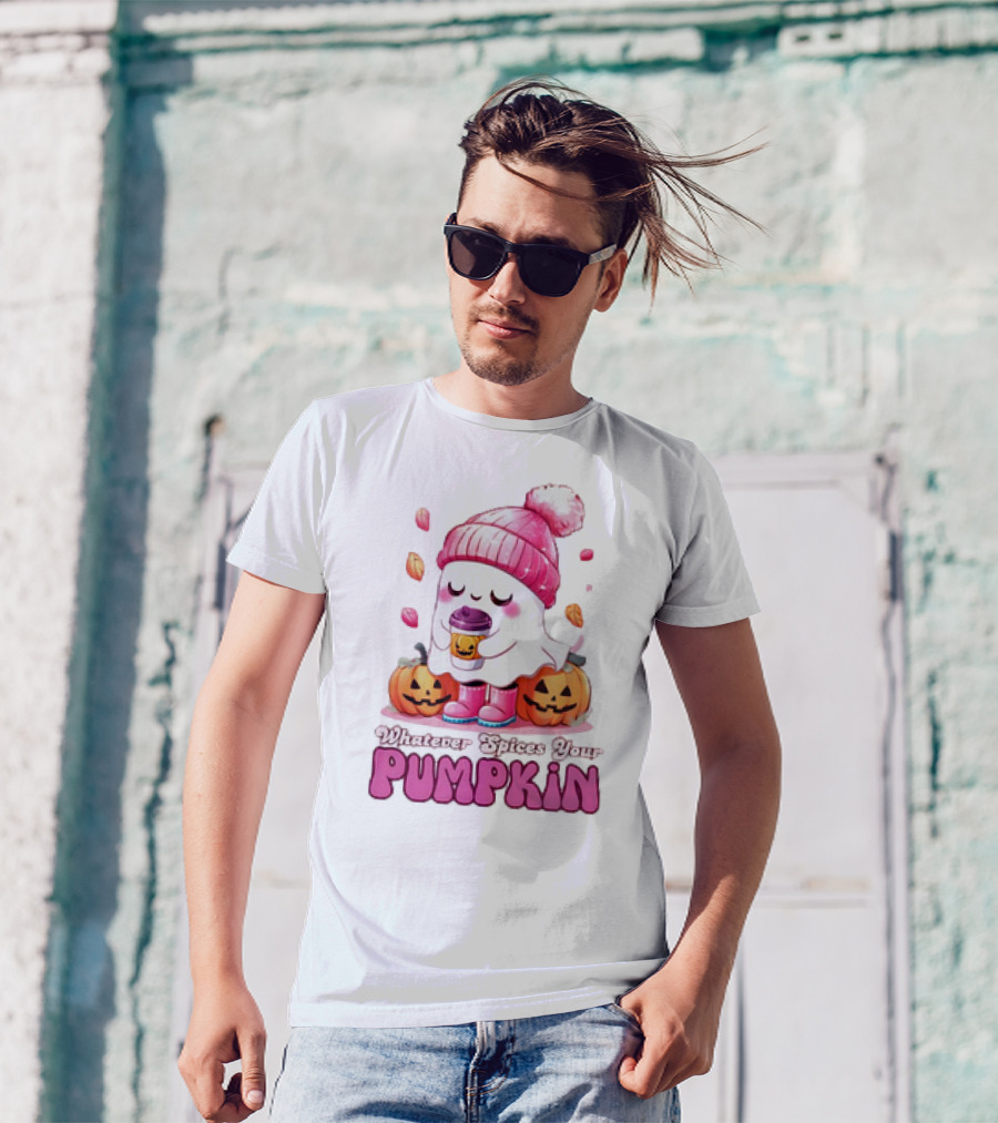 Ghost In Pink Beanie With Coffee And Pumpkins Whatever Spices Your Pumpkin T-Shirt