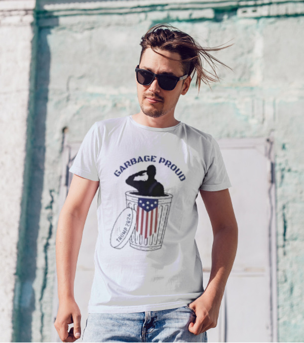Garbage Proud Trump 2024 USA Salute In Trash Can With American Flag T-Shirt