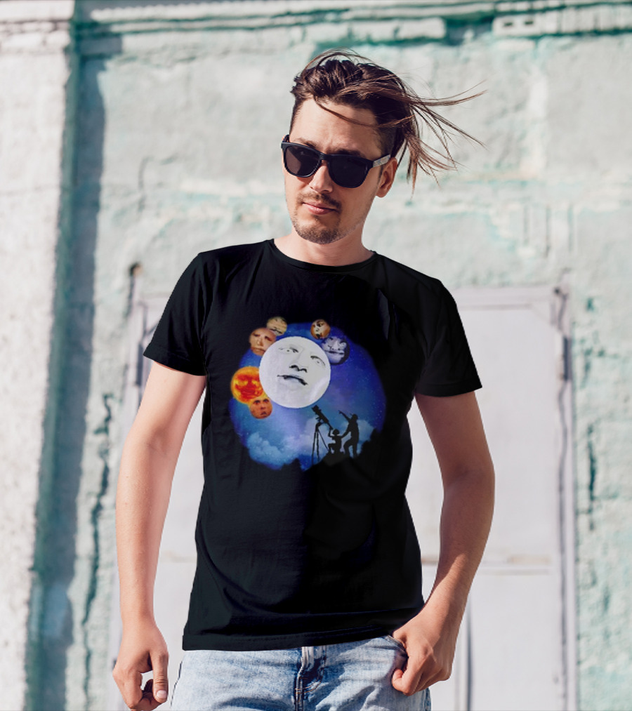 Man And Child Stargazing At Moon And Face Planets T-Shirt