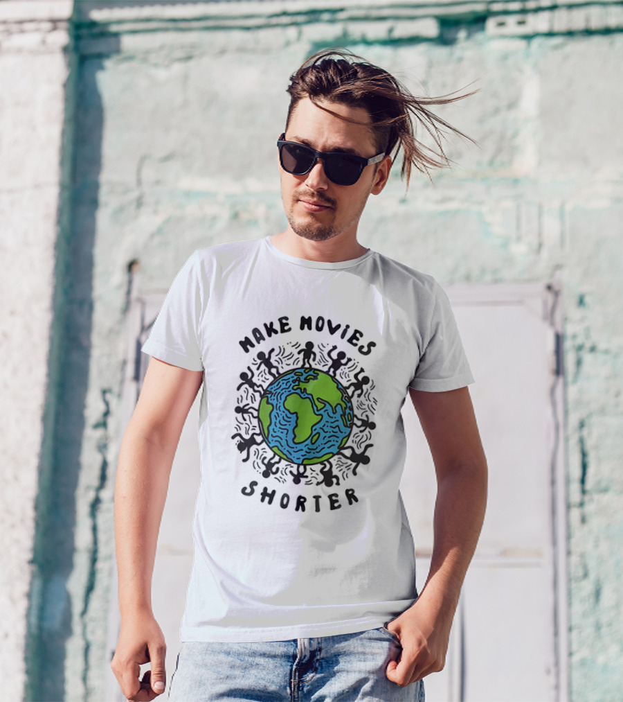 Make Movies Shorter Save The Planet Earth Surrounded By Dancing Figures T-Shirt
