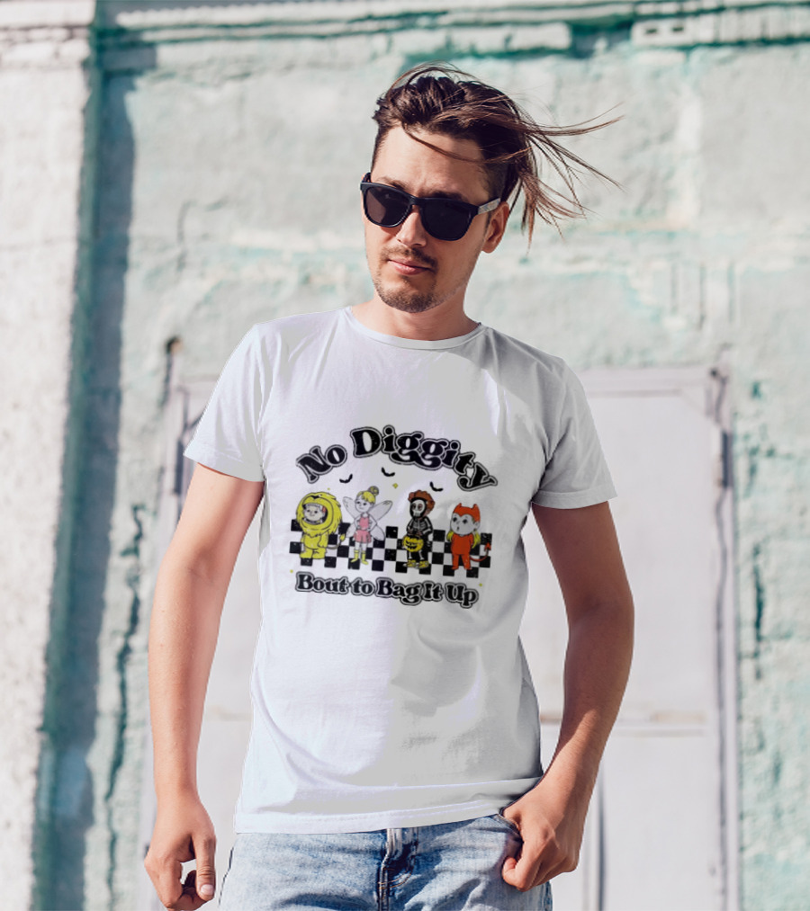 No Diggity Bout To Bag It Up Halloween Costume Characters Checkerboard Bats T-Shirt