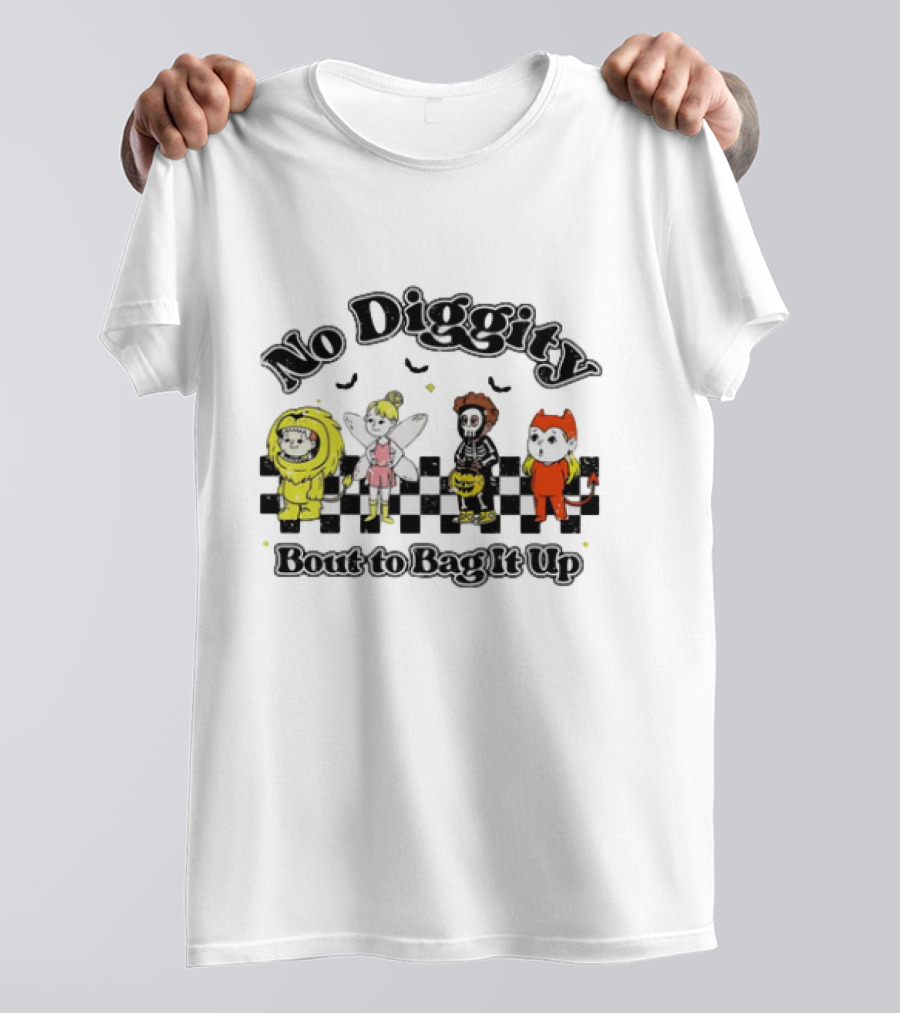 No Diggity Bout To Bag It Up Halloween Costume Characters Checkerboard Bats T-Shirt