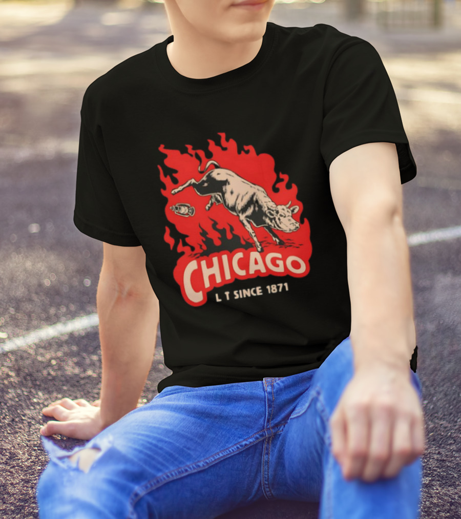Chicago Lit Since 1871 Kicking Cow Flame T-Shirt