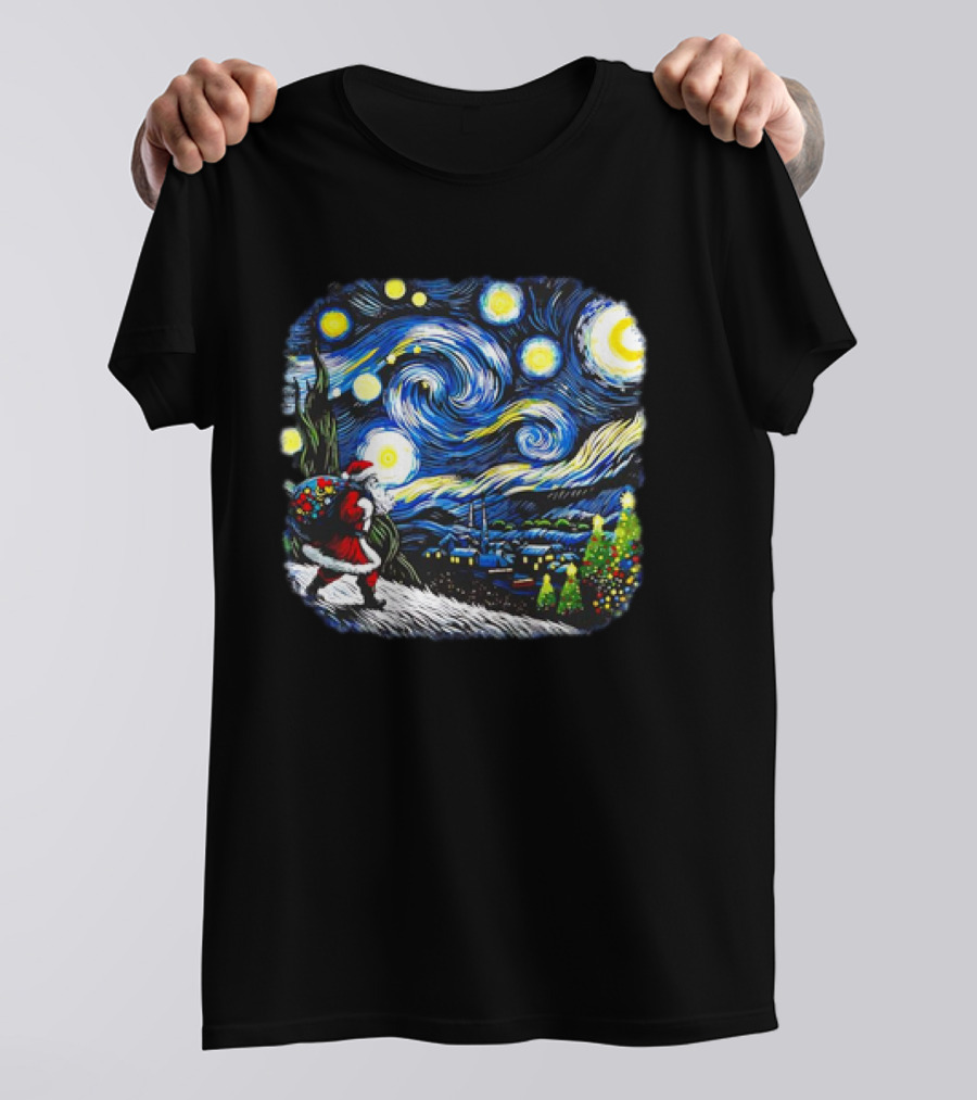 Van Gogh Starry Night Santa Christmas Winter Snowy Night Scene T-Shirt