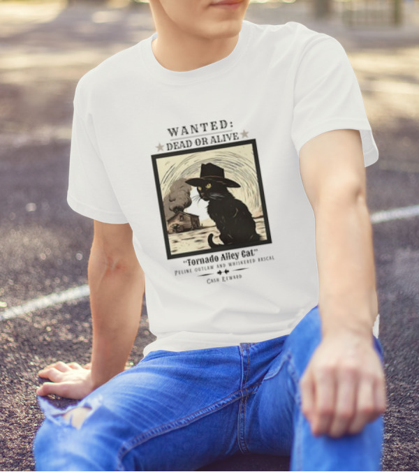 Wanted Dead Or Alive Tornado Alley Cat Oklahoma Whiskered Rascal Cowboy Twister Retro T-Shirt