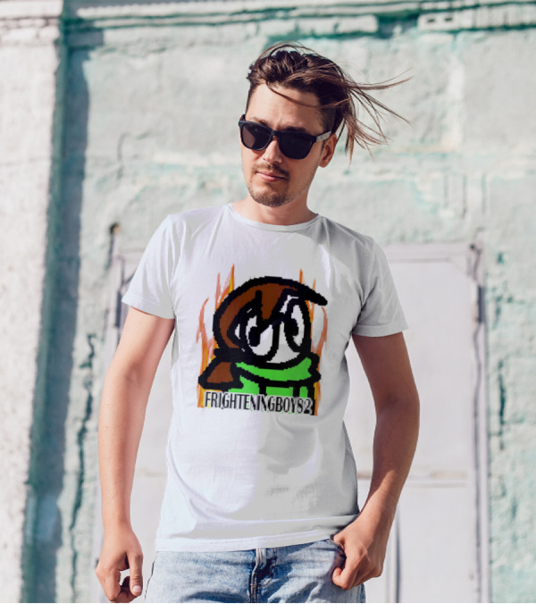 FRIGHTENINGBOY82 Leaf Pixel Art Character With Green Scarf And Flames T-Shirt