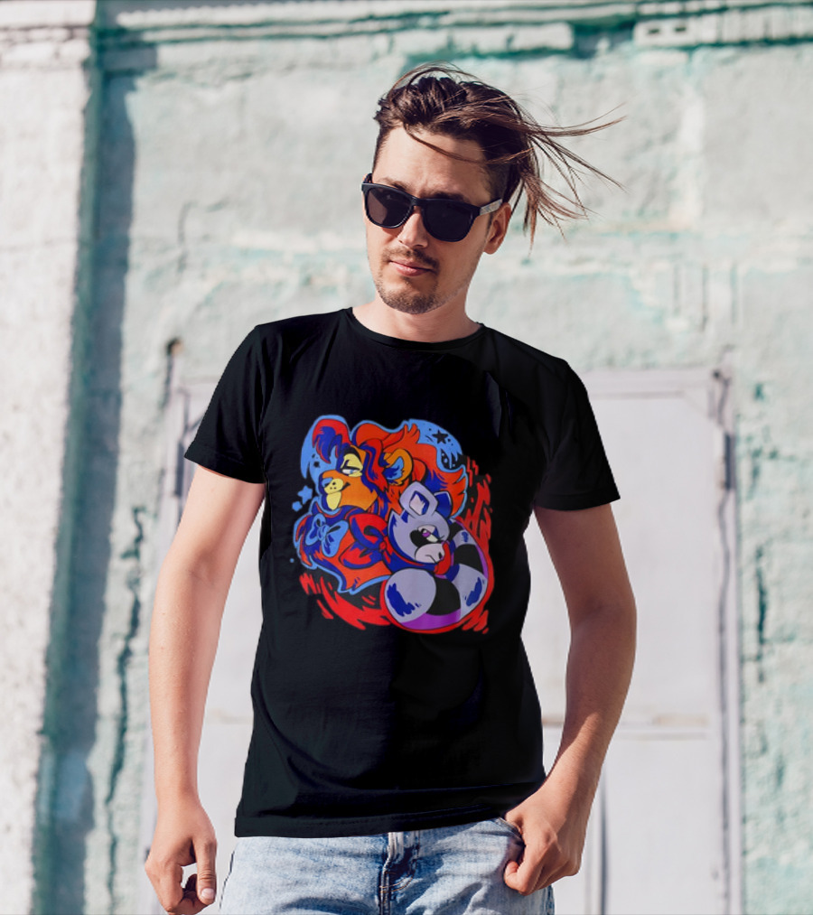Lion And Raccoon Cartoon With Colorful Flowing Manes And Scarves T-Shirt